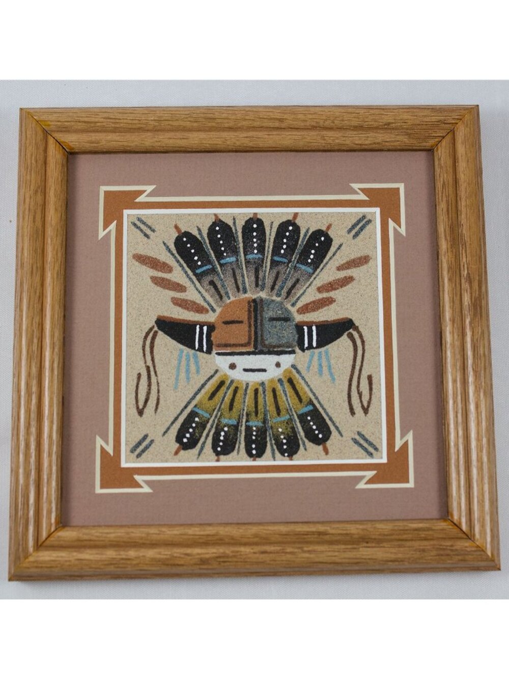 Navajo Art Sandpainting Moon Face by Alfred Yazzie Framed Matted 7x7"